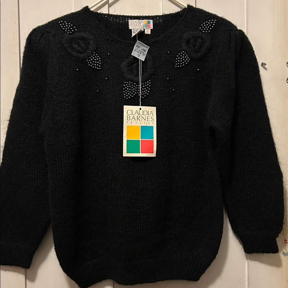 NOSWT Vintage Claudia Barnes Petites Black Beaded Sweater 1980s Mob Wife